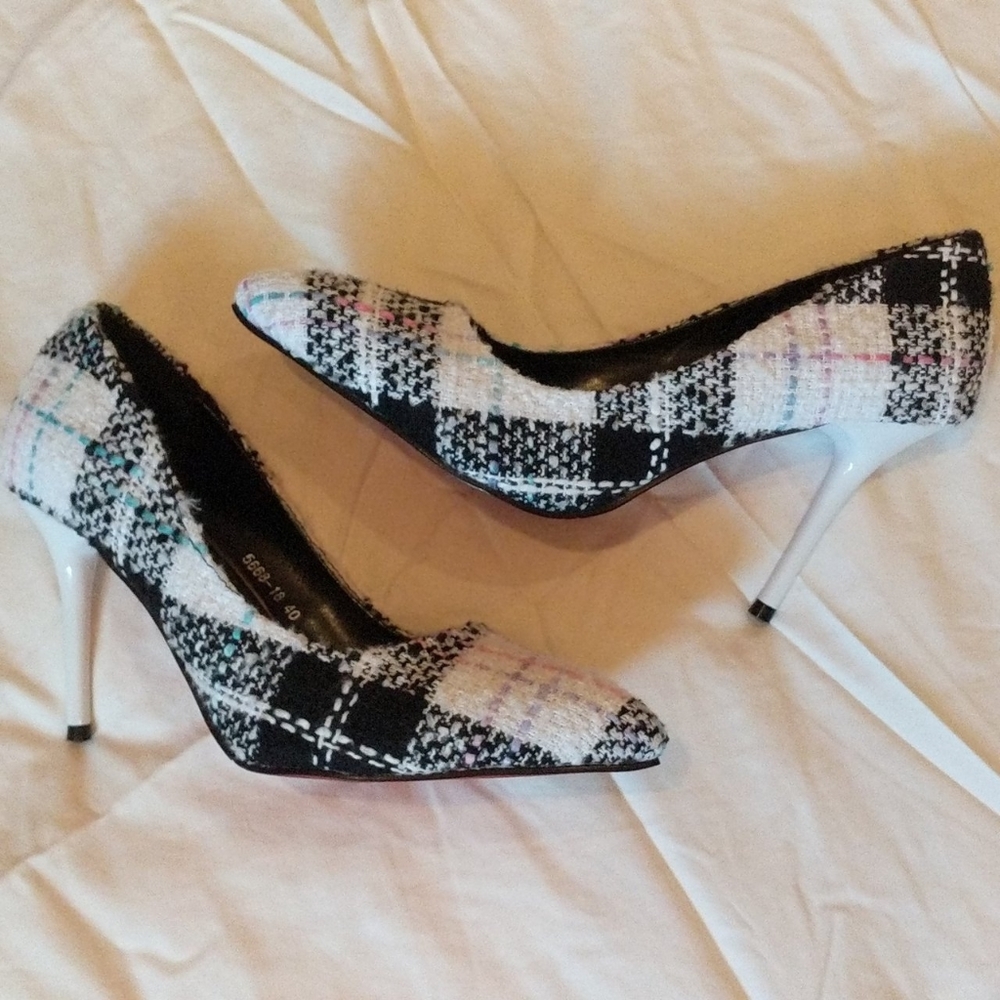 Red bottom plaid kitten heels